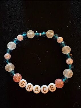 Personalized Beaded Bracelet in Teal, Pink & White - Grace